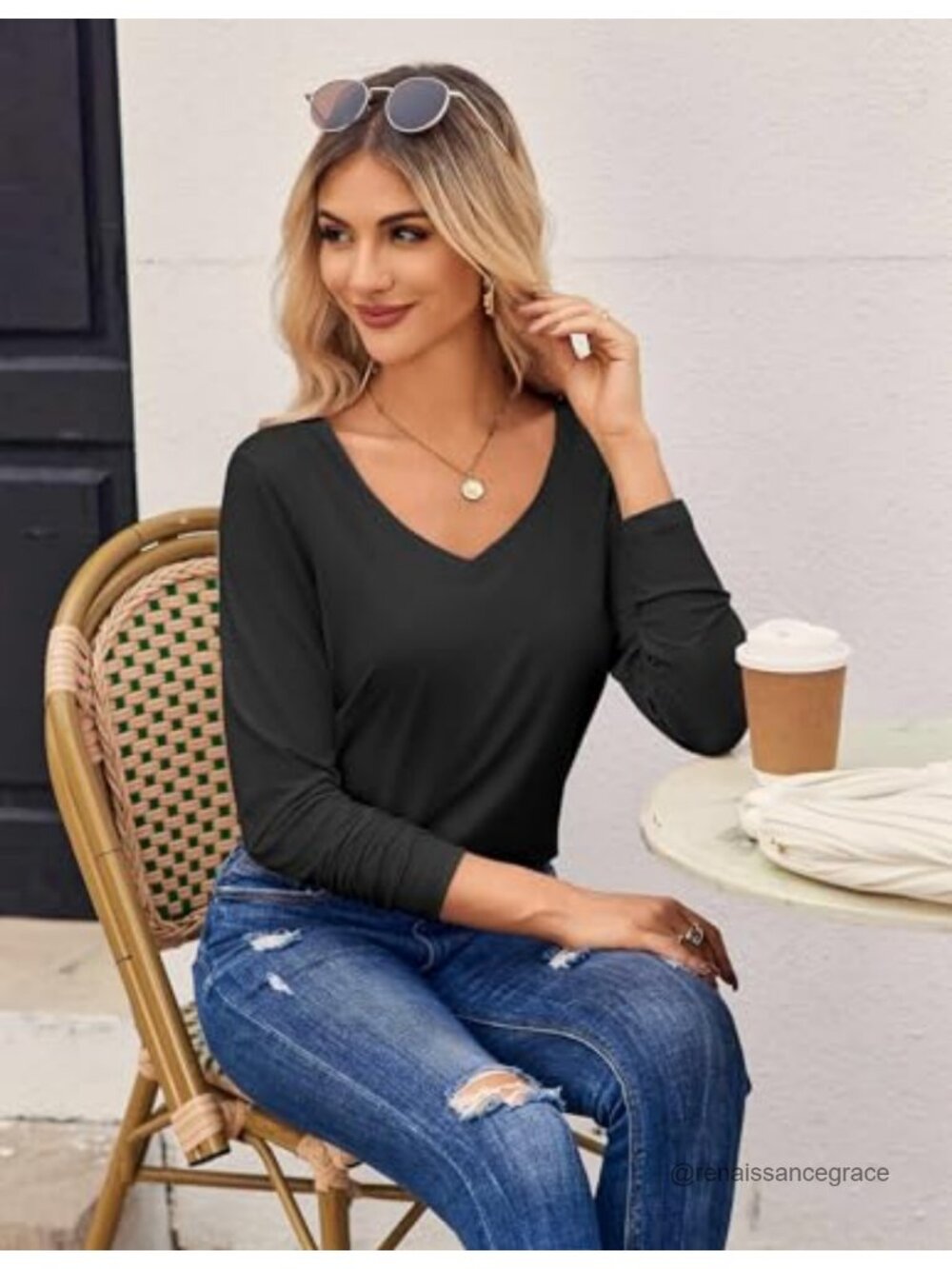 Womens Long Sleeve V Neck T Shirt Loose Fit Basic Casual Fall Top